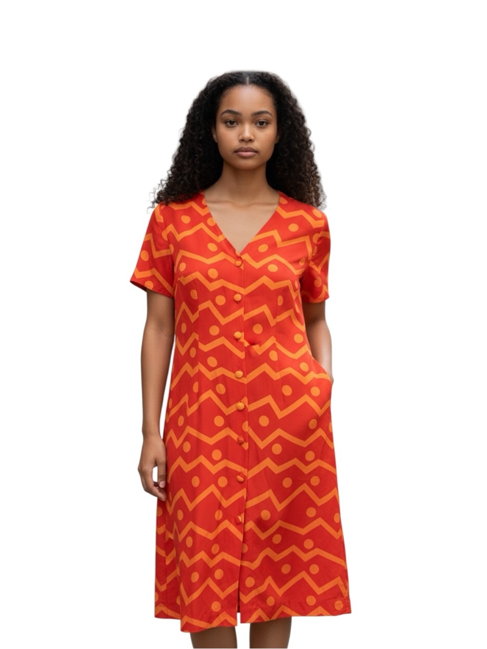 Spenser Jeremy Vintage Orange Red Geometric Button-Front Silk Dress Size 8